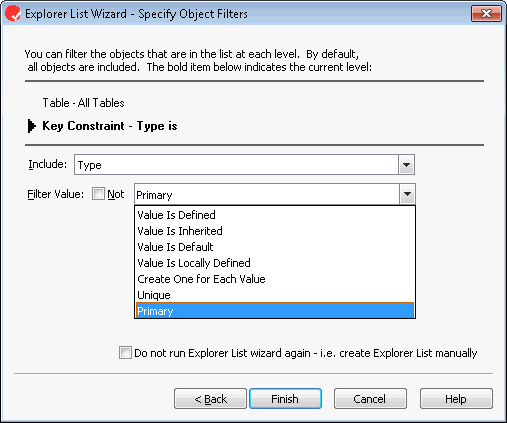 Then optionally specify a filter for each level.  In this case, no filter is specified at the Table level (so all Tables are used) and a Filter to only display Primary Key Constraints is specified at the Key Constraint level.