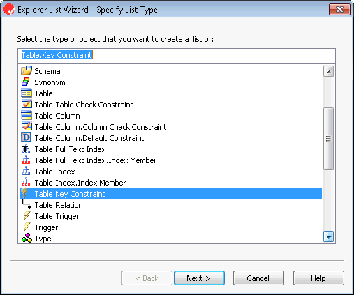 First step is to select the type of object that you want to make a list of.  In this case, we chose to make a list of Key Constraints.