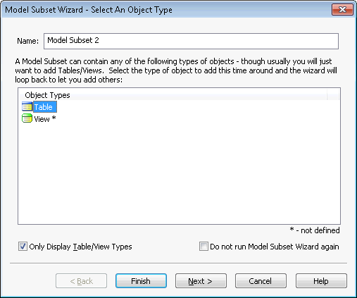 First step is to select the type of object that you want to include in your Diagrams.   Uncheck the "Only Display Tables option if you want to include other types of objects besides Tables and Views.