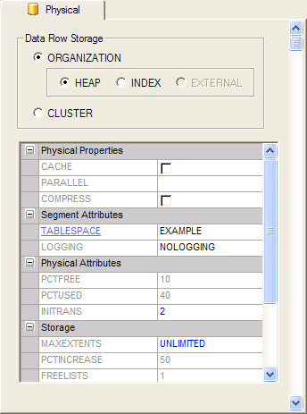 An example of a Physical tab that uses a grid to edit physical properties (in this case for a Table).