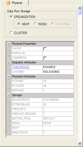 The Table Physical Property Page when Heap is the selected ORGANIZATION value.