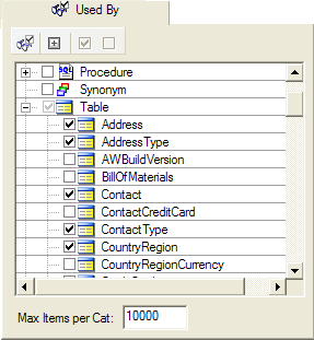 This page shows all the objects (Tables, Synonyms, etc...) that are using the currently selected object (in this case a Schema).  You can check and uncheck any of the entries to have them use (or not) the selected Schema.